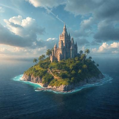 Primary subject: A large, castle-like structure on a small island.

Setting/background: The island is surrounded by a vast body of water, with clouds in the sky.

Visual style: The image is a digital art or illustration, featuring a detailed and intricate castle design.

Colors and mood: The colors in the image are predominantly blue and green, creating a serene and peaceful atmosphere.